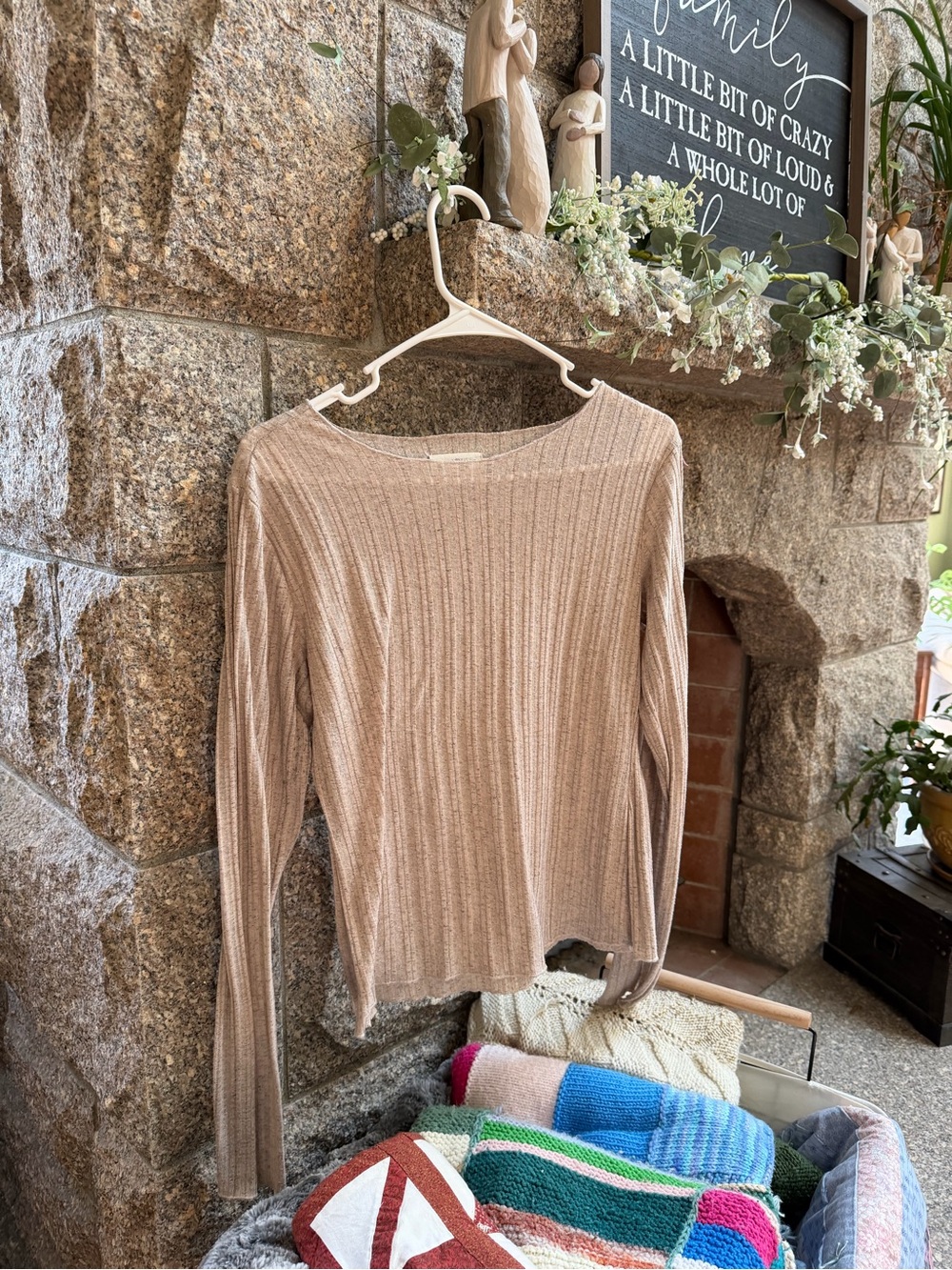 NATURAL LIFE Ribbed Long-Sleeve Scoop Neck Top - Beige Taupe